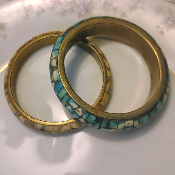 Vtg 70s Set of 2 BRASS MOSAIC Stone Chunky BANGLEs BRACELET Hippie BOHO Artisan - Picture 5 of 7